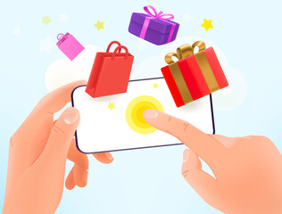 Aufkleber - Buyer making purchase via mobile application. 3d vector illustration