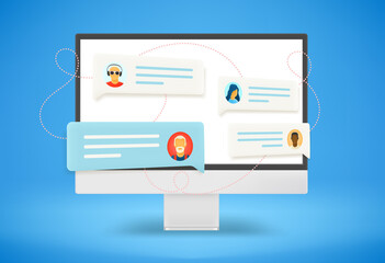 Poster - Modern computer monitor with social media communication clouds. 3d vector illustration