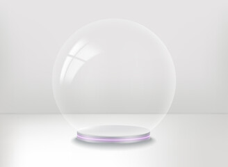 Poster - Empty white showcase with transparent glass sphere. 3d vector presentation mockup