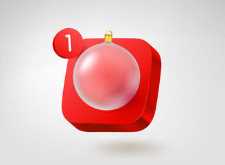 Poster - Glass Christmas bauble on red button. 3d vector mobile application icon