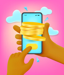 Leinwandbilder - Man mining money via smartphone. 3d style vector illustration