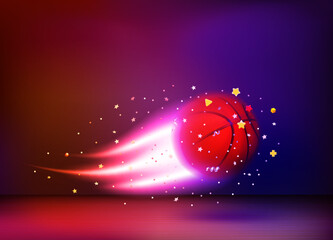 Aufkleber - Neon glowing flying basketball ball. 3d vector illustration
