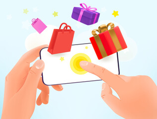 Aufkleber - Buyer making purchase via mobile application. 3d vector illustration
