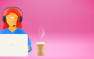 Poster - Hotline support concept. Man online. 3d style cute illustration with copy space