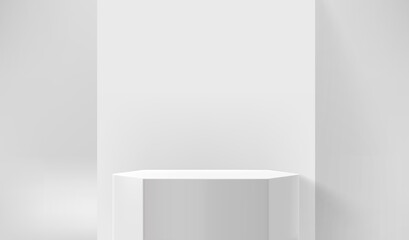 Poster - Empty white showcase with whiie stand. 3d vector presentation mockup 