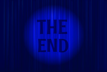 Poster - Red cinema curtains with light beam and unscription The end. Vector illustration
