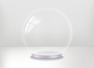 Poster - Empty white showcase with transparent glass sphere. 3d vector presentation mockup 