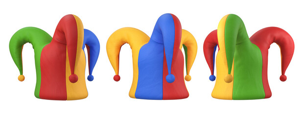 Wall Mural - Collection of colorful clown hats on a white background, 3d render