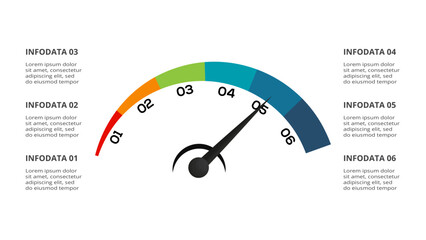 Speedometer infographic with 6 elements template for web, business, presentations, vector illustration. Business data visualization.