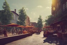 Warm Summer Sunset View Along The Avenue With Tourists Walking Next To The Canopies Of Street Cafes,  3d Render, Raster Illustration.