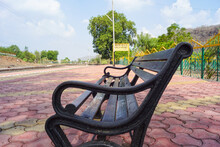Blank Railway Sign Board, Seating Bench At Railway Station Platform Of Mountain Village Kalakund Near Mhow, Indore, Madhya Pradesh On A Sunny Summer Day. Indian Village.