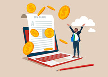 Success Blogger Or Writer Catching Money Banknotes Fall From The Sky. Make Money From Online, Monetize Content, Get Income Or Earning From Affiliate Links.