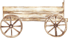 Watercolor Wooden Cart Illustration, Farm Transport Clipart. Wagon Wheel For Thanksgiving, Autumn Arrangement Card, Rustic  Illustration