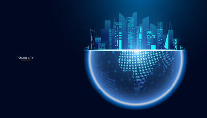 Poster - abstract smart city building modern blue and world on a modern background futuristic digital
