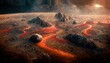Hot magma flows on the surface of the planet mars. 3D illustration