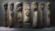 © Zaleman - Seven exhibits of ancient culture stand on the marble floor.3D rendering