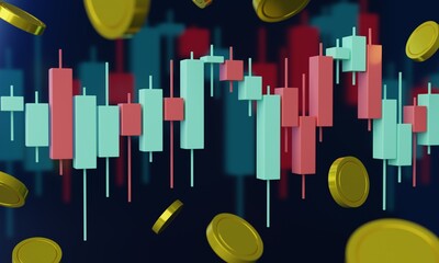 Poster - Candlestick graph of stock with flying gold coins, concept trading cryptocurrency, exchange, market investment trading, finance. 3D rendering, 3D illustration.