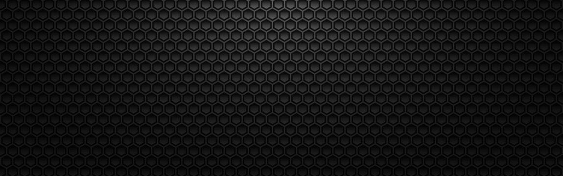Fototapete - Hexagon metal background. Black 3d grid with light and shadow. Dark futuristic cells. Industrial perforated texture. Modern carbon wallpaper. Vector illustration