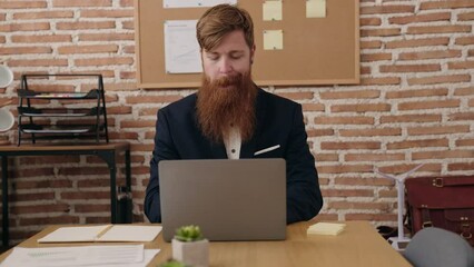 Poster - Young redhead man business worker using laptop working at office