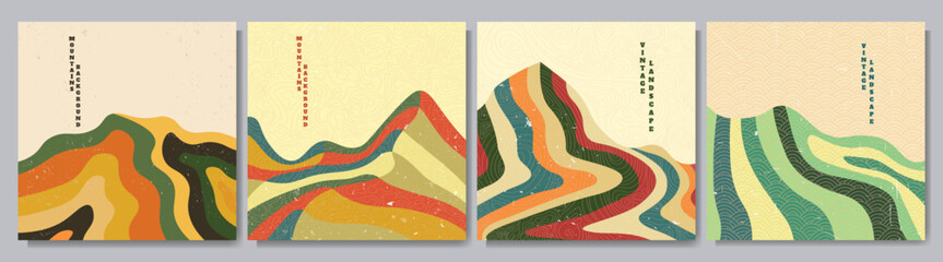 Fototapete - Vector illustration. Mid century modern graphic. 50s, 60s retro art. Grunge scratched texture. Minimalist mountain landscape. Design elements for social media, blog post, web banner. Striped hills