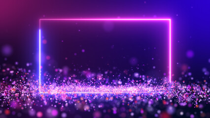 Rectangle pink blue neon light on dust particle background.