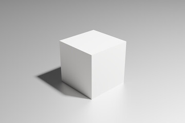 Poster - 3D rendering of a white cube box with shadow in perspective view on a glossy white surface