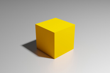Poster - 3D rendering of a yellow or orange cube box with shadow in perspective view on a glossy white surface