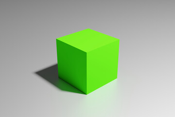 Poster - 3D rendering of a green cube box with shadow in perspective view on a glossy white surface