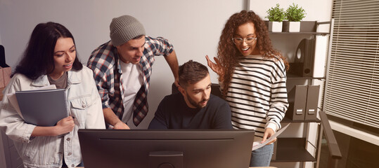 Sticker - Group of coworkers together in office. Banner design