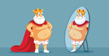 The Emperor In New Clothes Funny Concept Fairy Illustration. Arrogant King Admiring Himself In The Mirror Wearing No Clothing
