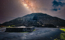 Teotihuacan UNESCO Ancient Stone Pyramid Temple Mexico Valley, Night Sky Stars And Mile Way , Shamanic Ceremony 