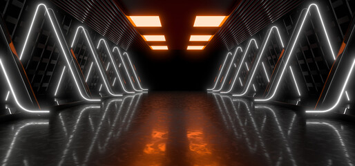 Wall Mural - sci fy neon lamps in a dark corridor. reflections on the floor and walls. 3d rendering image.