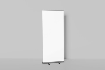 Wall Mural - Blank white roll-up banner display mockup on gray background, isolated, 3d rendering. Ready to display your design