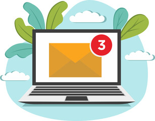 new email notification on laptop computer display screen concept, flat vector illustration