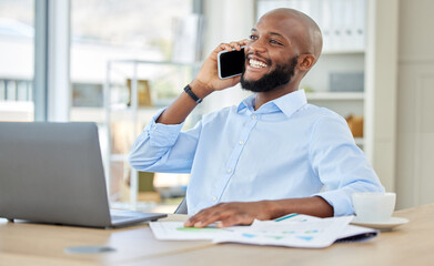 Poster - Business black man talking phone call, happy communication and conversation in modern office. Smile, vision and creative african designer, entrepreneur and job worker speaking, discussion and mobile