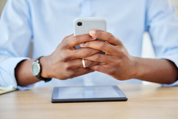 Poster - Phone, communication and business man working and texting with 5g network, social media and chatting on messaging app on smartphone at desk. Closeup hands of professional worker checking email