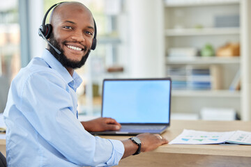 Poster - Call center agent, black sales man and consulting, support or advice with headset and laptop. African, portrait and consultant, crm telemarketing and contact us, work or customer service operator.