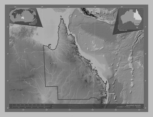 Queensland, Australia. Grayscale. Labelled points of cities