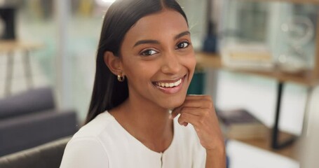 Aufkleber - Face, smile and education with a female student studying online from home for a university or college exam. Portrait of a young pupil doing homework or research on the internet for a school project