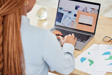 Aufkleber - Black woman, laptop and contact us web design for digital marketing worker with kpi data, target audience research and chart documents. Employee on business startup website with seo from survey paper