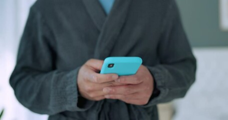Aufkleber - Phone chat, online communication and man typing on social media on the internet, digital conversation on mobile app and on the web on technology in house. Hands of person doing search on website