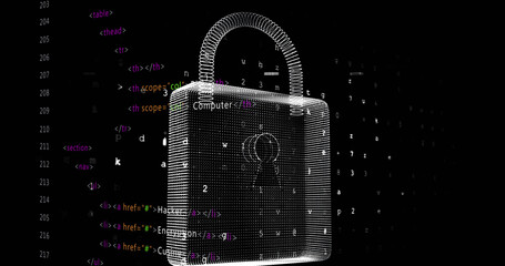 Image of online security padlock, binary coding and data processing