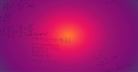 Image of hand written mathematical formulae over purple background