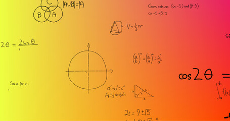 Image of hand written mathematical formulae over yellow to red background