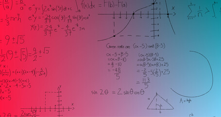 Image of handwritten mathematical formulae over blue to pink background