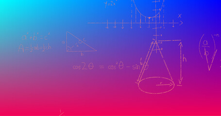 Image of handwritten mathematical formulae over blue to red background