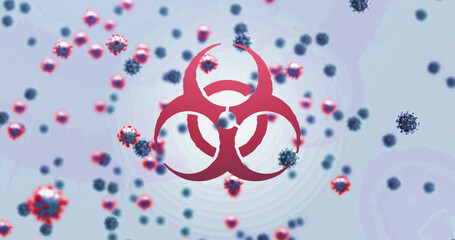 Poster - Image of virus cells floating and biohazard symbol on blue background