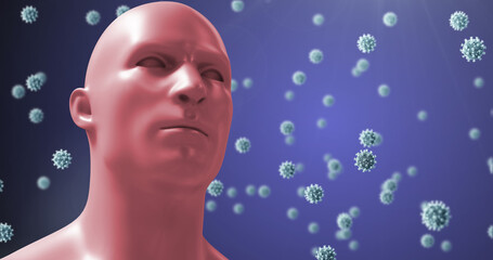 Poster - Image of virus cells floating over human head on blue background