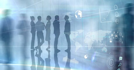 Poster - Digital interface with data processing and world map against businesspeople