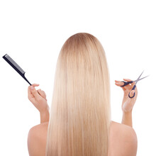 Hair, A Salon And Beauty With A Haircut At A Hairdresser For A Blonde Woman On A Png, Transparent And Mockup Or Isolated Background. A New Cut, Healthy Hairstyle And Care With Scissors And A Comb